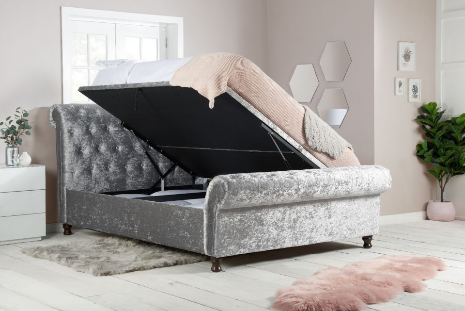 Castello Ottoman Sleigh Upholstered Bed, Castello Grey Sleigh Fabric Bed Frame